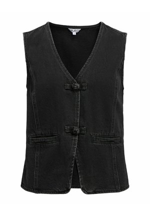 Veste en denim noir avec décolleté en V, deux poches avant et fermetures à boutons. Présente un design épuré et ajusté avec une légère texture.