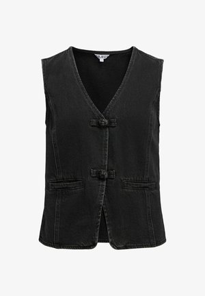 Schwarze Denim-Weste mit V-Ausschnitt, zwei vorderen Taschen und Knopfverschlüssen. Verfügt über ein sauberes, tailliertes Design und eine leichte Textur.