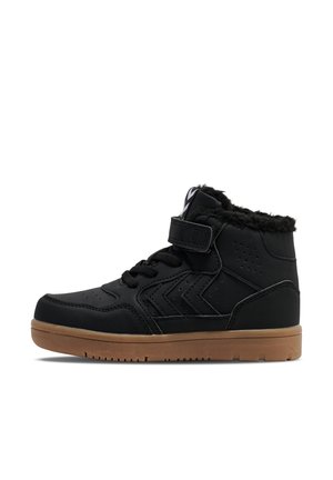 Black high-top sneakers featuring a Velcro strap, padded collar, perforated sides, and a brown rubber sole. Soft faux fur lining at the top.