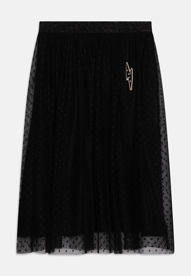 Jupe en tulle noire à motif à pois, taille élastique avec finition scintillante et un accent décoratif en forme d'éclair.