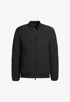 Schwarze, gesteppte Bomberjacke mit Stehkragen, Front-Reißverschluss und gerippten Bündchen. Verfügt über seitliche Reißverschlusstaschen und eine glatte Textur.