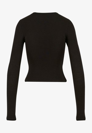 Svart långärmad topp med en figurnära design, rund halsringning, slät textur och cropped längd, tillverkad av mjukt, stretchigt tyg.