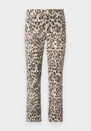 Pantalon en imprimé léopard dans des teintes de beige, marron et vert ; coupe droite avec fermeture à bouton et style cinq poches standard.