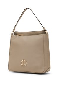 Borsa a mano in pelle beige con design strutturato, manico superiore e dettaglio logo in tono oro. Texture liscia con tasca con cerniera.