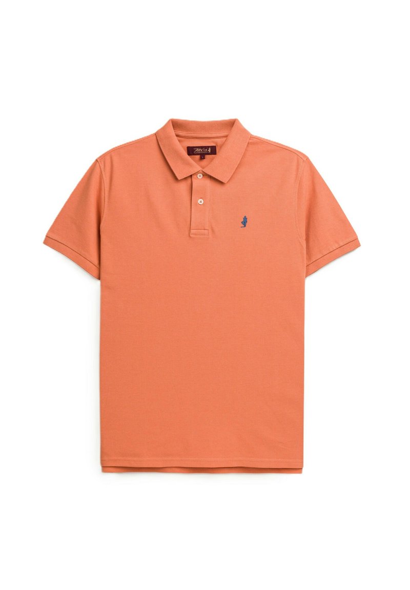 Polo in cotone arancione chiaro con colletto, maniche corte, patta con tre bottoni e un piccolo logo blu navy sul petto sinistro.
