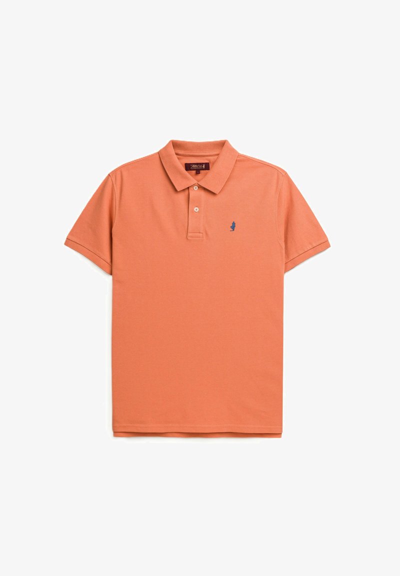 Polo in cotone arancione chiaro con colletto, maniche corte, patta con tre bottoni e un piccolo logo blu navy sul petto sinistro.