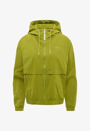 Lichtgroene jas met capuchon, voorzien van een ritssluiting aan de voorkant, elastische manchetten en zoom, twee zijzakken met rits en een capuchon met trekkoord.