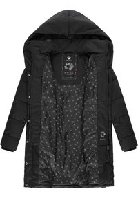 Giacca nera imbottita con cappuccio, dotata di chiusura con zip, bottoni a pressione e un rivestimento con motivo geometrico in grigio e bianco.