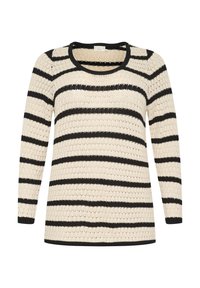 Cream knit sweater featuring horizontal black stripes, round neckline, and long sleeves. Textured pattern throughout, with black accents on edges.