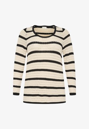 Cremefarbenes Strickoberteil mit horizontalen schwarzen Streifen, Rundhalsausschnitt und langen Ärmeln. Strukturierte Musterung über die gesamte Fläche, mit schwarzen Akzenten an den Rändern.