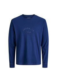 Camiseta de algodón de manga larga en color azul marino con un logotipo texturizado "ORIGINALS" en el centro. Cuello redondo clásico y corte estándar.