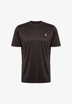 Zwart T-shirt met korte mouwen, gemaakt van glad, vochtafvoerend materiaal; heeft een klein wit logo op de bovenste linkerborst.