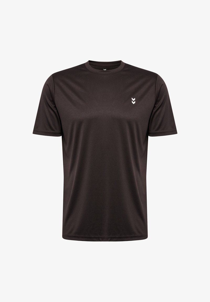 Czarna koszulka z krótkim rękawem wykonana z gładkiego, odprowadzającego wilgoć materiału; posiada małe białe logo na górnej lewej części klatki piersiowej.