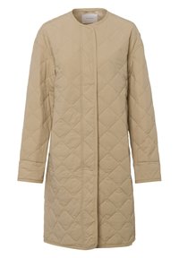 Quilted beige long coat with a round neckline, front snap closure, and long sleeves. Features diamond patterns and a smooth texture.