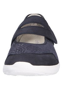Dark blue shoe with a textured upper, featuring dual straps and a white rubber sole. The design is flat with a rounded toe.