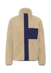 Veste en polaire beige avec col haut, panneau frontal bleu marine et poche poitrine zippée. Texture douce et design décontracté. Coupe confortable.
