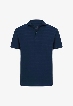 Marineblaues Polohemd mit kurzen Ärmeln, Kragen und Zwei-Knopf-Leiste, schlichtes Design, auf weißem Hintergrund dargestellt.