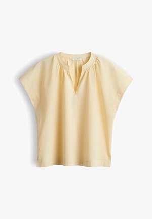 Light yellow short-sleeve blouse with gathered neckline and V-shaped notch collar, made from smooth, lightweight fabric.