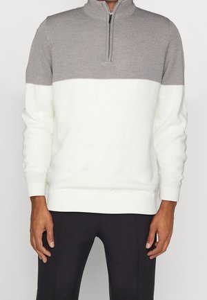 Mann trägt einen zweifarbigen Viertel-Reißverschluss-Pullover mit grauem Oberteil und weißem Unterteil, kombiniert mit schwarzen Hosen, steht vor einem schlichten Hintergrund.
