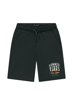 Zwarte shorts gemaakt van zachte stof, met een elastische tailleband met trekkoord, twee zijzakken en een bedrukt ontwerp met de tekst "Summer Vibes".