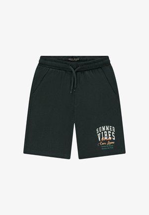 Zwarte shorts gemaakt van zachte stof, met een elastische tailleband met trekkoord, twee zijzakken en een bedrukt ontwerp met de tekst "Summer Vibes".