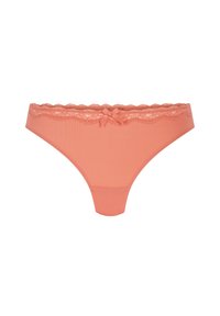 Pfirsichfarbene Tangaunterhose aus geripptem Stoff, mit elastischer Spitze am Saum und einer kleinen Schleifendetail an der Vorderseite.