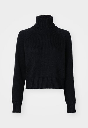 Pull en laine à col roulé sombre avec un design court, doté de poignets et d'un ourlet côtelés, et d'un tissage texturé sur l'ensemble.