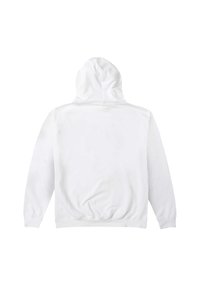 Bílá mikina s kapucí zobrazená zezadu s dlouhými rukávy a klokaní kapsou, položená na bílém pozadí.