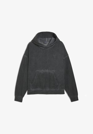 Grijze hooded sweatshirt met een kangoeroezak, gestructureerde stof en subtiele logo-details. Ontspannen pasvorm met gebande mouwen en zoom.