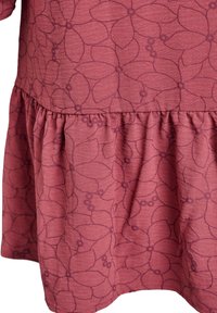 Rose-patterned dress with a textured fabric. Features a gathered ruffle hem and floral design in darker shades of the same color.