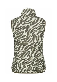 Gewatteerde mouwloze vest met een groen en crèmekleurig zebrapatroon, voorzien van een hoge kraag en een gestikt ontwerp. Glad, lichtgewicht materiaal.