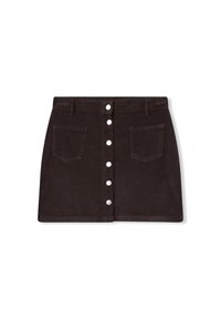 Gonna di denim marrone scuro con chiusura frontale a bottoni, due tasche frontali e vita aderente. Forma classica a trapezio con una texture liscia.
