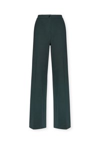 Pantaloni ampi a vita alta di colore verde scuro, con chiusura frontale a bottone e cerniera, progettati per una vestibilità diritta e comoda.