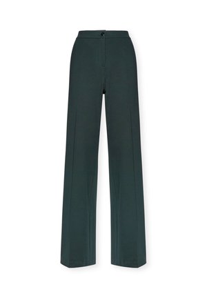 Pantaloni ampi a vita alta di colore verde scuro, con chiusura frontale a bottone e cerniera, progettati per una vestibilità diritta e comoda.