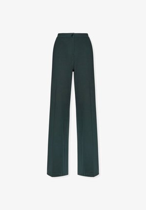 Pantaloni ampi a vita alta di colore verde scuro, con chiusura frontale a bottone e cerniera, progettati per una vestibilità diritta e comoda.