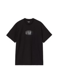 Czarny bawełniany t-shirt z okrągłym dekoltem i krótkimi rękawami, z odblaskowym logo "Carhartt" nadrukowanym na klatce piersiowej.