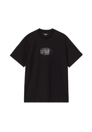 Czarny bawełniany t-shirt z okrągłym dekoltem i krótkimi rękawami, z odblaskowym logo "Carhartt" nadrukowanym na klatce piersiowej.