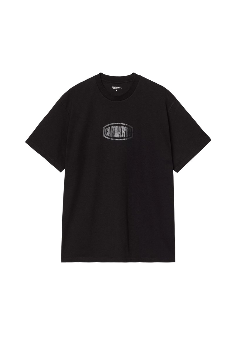 Czarny bawełniany t-shirt z okrągłym dekoltem i krótkimi rękawami, z odblaskowym logo "Carhartt" nadrukowanym na klatce piersiowej.