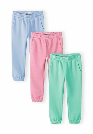 Trzy spodnie dresowe z elastycznym pasem w kolorach niebieskim, różowym i miętowym, każdy z bocznymi kieszeniami i ściągaczami przy kostkach.