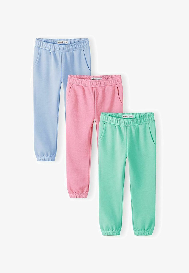 Drie joggingbroeken met elastische tailleband in blauw, roze en mintgroen, elk met zijzakken en boorden bij de enkels.