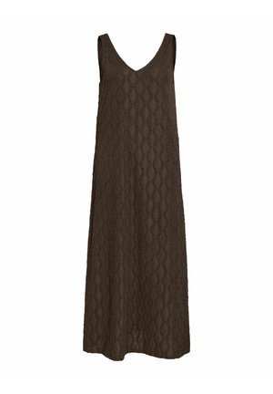 Robe maxi marron sans manches avec une texture, un col en V et un motif subtil en forme d'ondes sur tout le tissu.