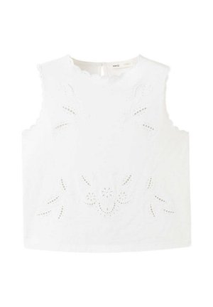 Haut blanc sans manches avec bords festonnés et détails de broderie florale en découpe, fermeture par bouton à œillet au niveau du col dans le dos.
