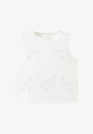 Haut blanc sans manches avec bords festonnés et détails de broderie florale en découpe, fermeture par bouton à œillet au niveau du col dans le dos.