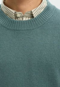 Pull en laine douce couleur sarcelle avec un col côtelé. Superposé sur une chemise à rayures légère et à col avec des boutons.