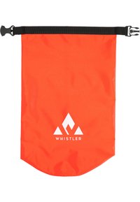 Oranssi vedenpitävä laukku, jossa on teksturoitu pinta, musta säädettävä hihna ja valkoinen vuoristologo. Pyöreä pohjamuoto.