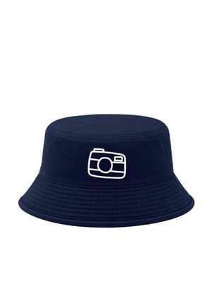 Navy blue bucket hat with a white camera icon embroidered on the front center.