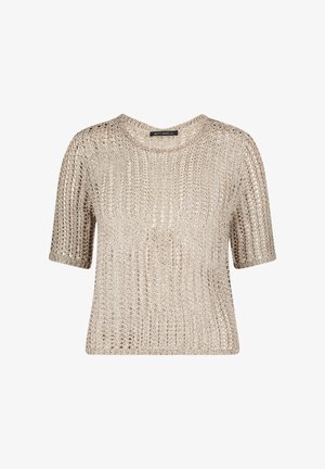 Kortere mouw gebreide top in metallic beige. Heeft een losse pasvorm, een brede halslijn en een getextureerd, open geweven ontwerp. Subtiele glans en ademende stof.