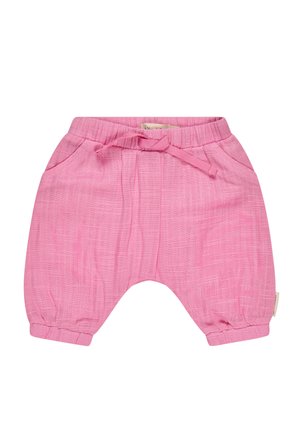 Pink harem-style pants made of textured fabric. Features an elastic waistband with a bow, two side pockets, and cuffed hems.