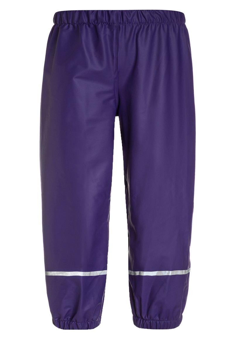 Purple waterproof pants with an elastic waistband, featuring reflective silver stripes and a smooth, shiny texture. Relaxed fit design.