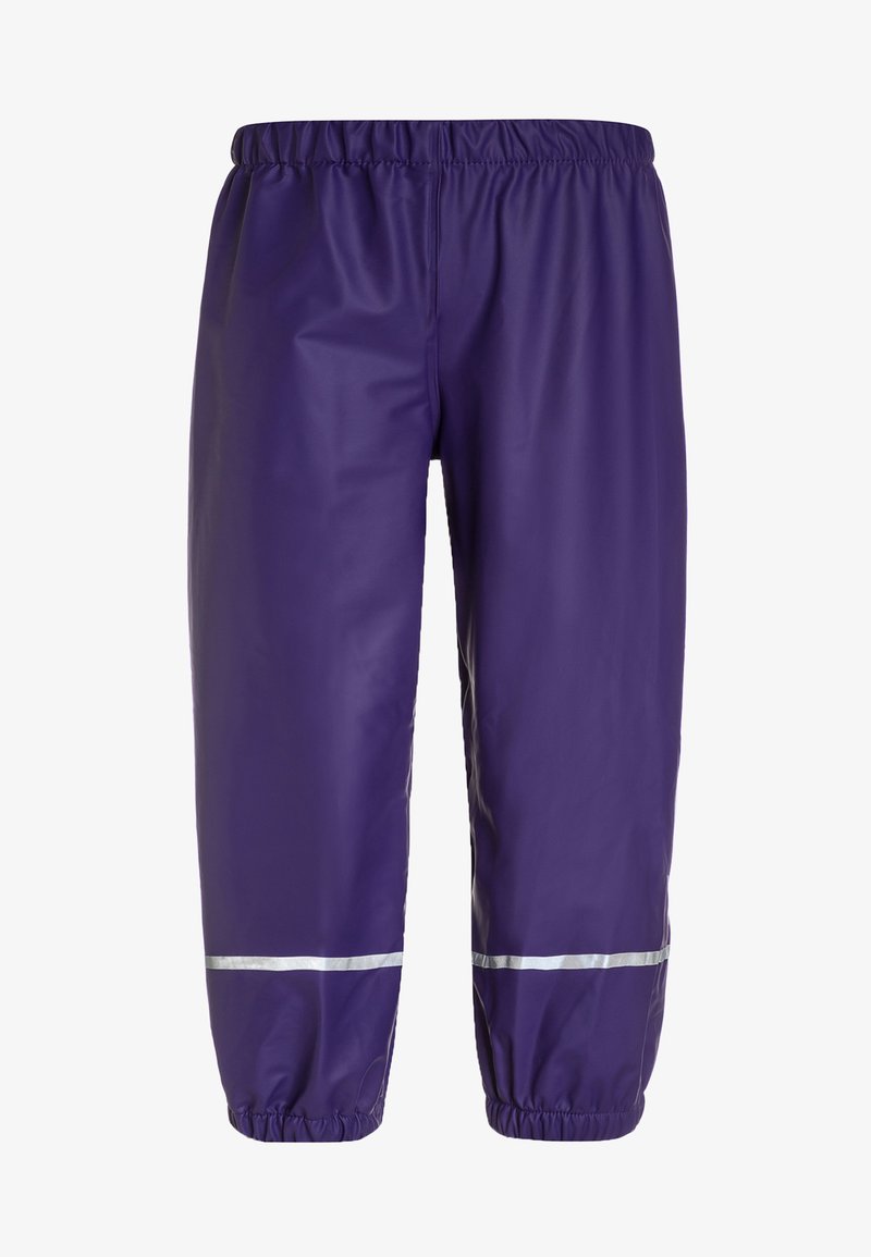 Pantaloni impermeabili viola con vita elastica, dotati di strisce riflettenti argento e una texture liscia e lucida. Design a vestibilità rilassata.